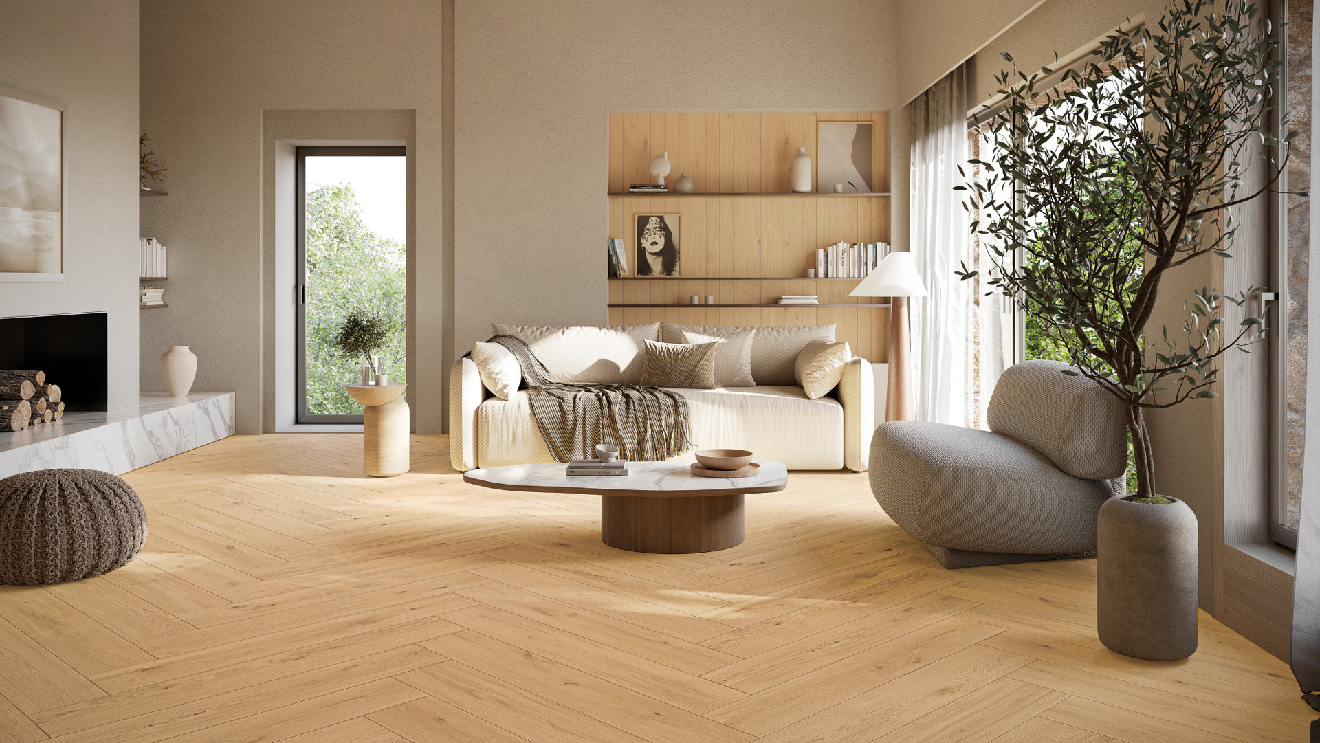Salon avec parquet chêne clair posé en chevrons